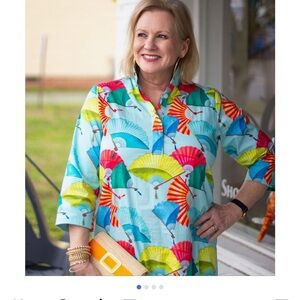 Holly Shae Design Cotton Fan-Print Aqua Dress Coverup Plus Size XL 1X 2X